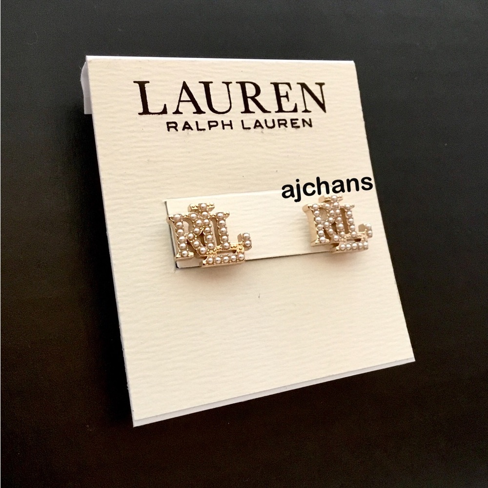 Lauren Ralph Lauren Gold Tone RLL Logo Pearl Stud Earrings - Picture 3 of 4